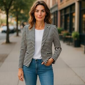 Ann Taylor Preppy Nautical Striped Blazer Blue White 4